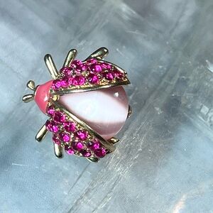 Vintage Jelly Belly Ladybug June Bug Insect Brooch Pin Gold Tone Pink Moonstone